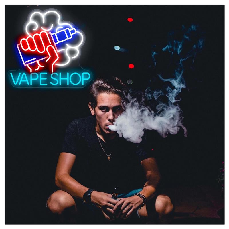 Neonowy szyld Vape Shop, ręka  – Vaping Store recenzja i cena